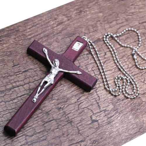 Collier religieux en bois avec croix de jésus, pendentif Crucifix chrétien, chaîne, bijoux