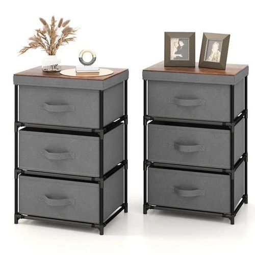 Costway Lot De 2 Commode 3 Tiroirs En Tissu 40 X 30 X 62 Cm, Table De Chevet Avec Cadre En Métal, Pour Chambre, Industriel, Gris