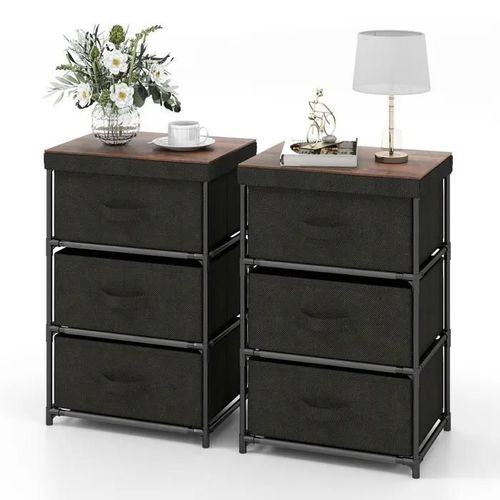 Costway Lot De 2 Commode 3 Tiroirs En Tissu 40 X 30 X 62 Cm, Table De Chevet Avec Cadre En Métal, Pour Chambre, Industriel, Noir
