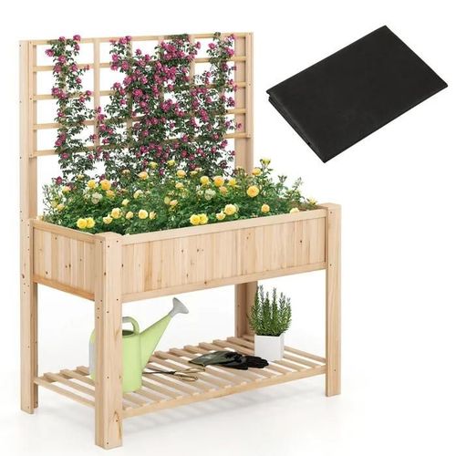 Jardinière Surélevée Avec Treillis Costway, Bois Sapin, Doublure, Étagère De Rangement, Drainage, Pour Plantes Grimpantes, Naturel