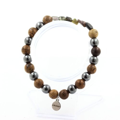 Bracelet Tourmaline Multicolore Du Brésil + Perles Hématite + Bois 8 Fabriqué En France.