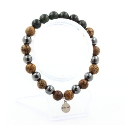 Bracelet Emeraude De Zambie + Perles Hématite + Bois 8 Mm. Fabriqué En France.