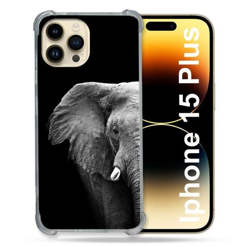 Coque Renforcée En Verre Trempé Pour Iphone 15 Plus (6.7) Animal Elephant Noir