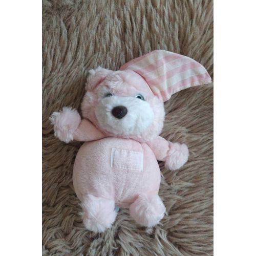 Peluche Doudou Boule Ours Vintage Rose Tartine Et Chocolat Bonnet Rayé Blanc Grelot Petit Format Yeux Bleus