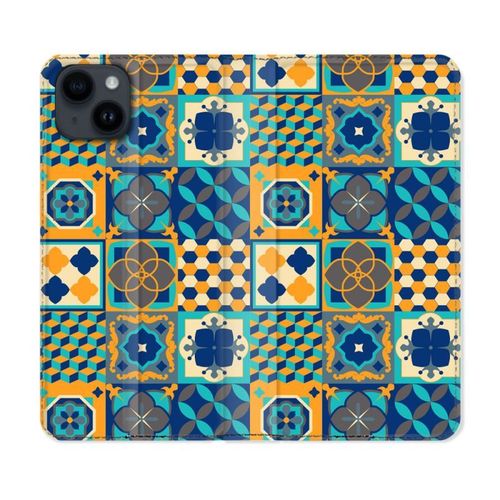 Housse Cuir Portefeuille Pour Iphone 15 (6,1) Texture Carreau Ciment Orange
