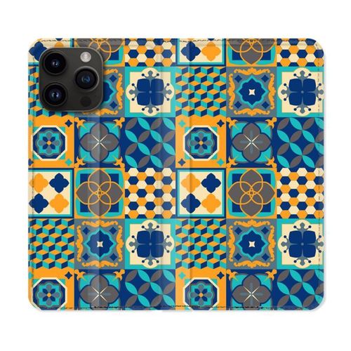 Housse Cuir Portefeuille Pour Iphone 15 Pro (6,1) Texture Carreau Ciment Orange