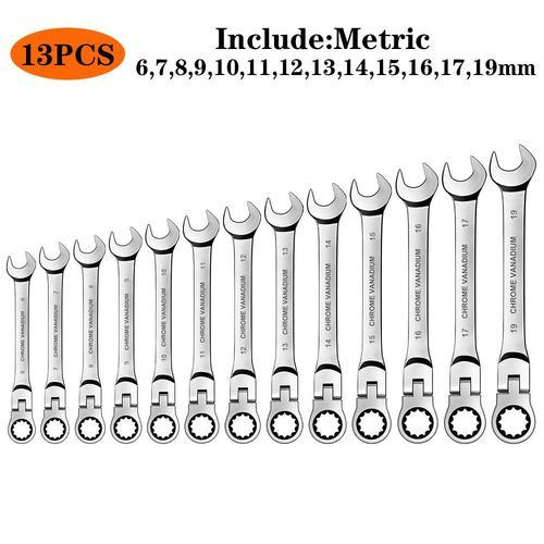 13Pcs (6-19mm) Jeu De Clé Mixte à Cliquet Outil à Main Métrique Ensemble De Clé Plate Flexible Chrome Vanadium Bricolage Outils De Garage