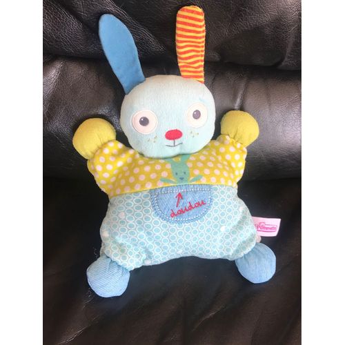 Doudou Semi-Plat Lapin Vert Et Bleu À Pois Oreille Jaune Rayée Rouge 30cm Pommette 