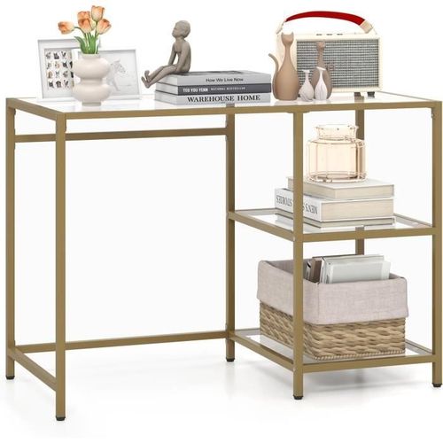 Costway Bureau Transparent À 2 Étagères - 106 X 51 X 76 Cm, En Verre Trempé, Cadre En Métal Doré, Style Scandinave Moderne