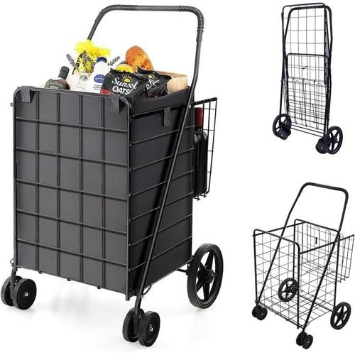 COSTWAY Chariots de Courses - 2 Panier (100L+22L),1 Sac en Oxford,Caddie Pliable à 4 Roues Pivotantes à 360°, Capacité 40KG, Noir