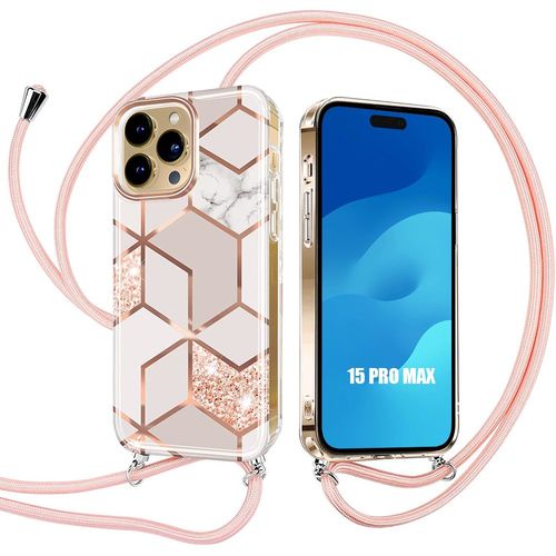 Coque Pour Iphone 15 Pro Max, Protection Anti-Rayures Motif Marbre Rose Avec Cordon - E.F.Connection