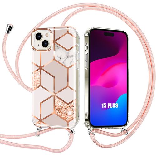 Coque Cordon Pour Iphone 15 Plus, Antichoc Protection Motif Marbre Rose - E.F.Connection