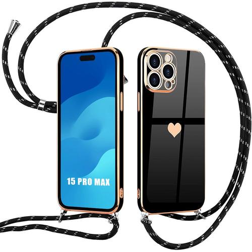 Coque Cordon Pour Iphone 15 Pro Max Motif Coeur Antichoc Anti-Rayure Silicone Souple Noir - E.F.Connection