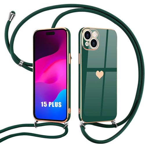Coque Bandoulière Pour Iphone 15 Plus, Souple Motif Coeur Silicone Vert Nuit - E.F.Connection