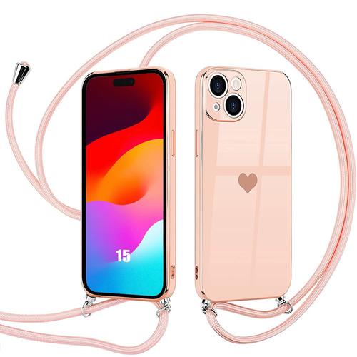 Coque Collier Cordon Pour Iphone 15 Souple Tpu Antichoc Motif C¿Ur - Rose - E.F.Connection