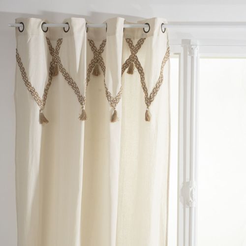 Lot De 2 Rideaux Carmen À Pompons En Jute - 140 Cm X 260 Cm - Beige