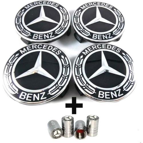 Mercedes Benz Logo Centre De Roue Caps 75 Mm Noir Alloro Feuille Pour Jantes En Alliage ¿ Classe A B C E Cla Clk ¿ Bouchons De Valve Pour Pneus Gratuit