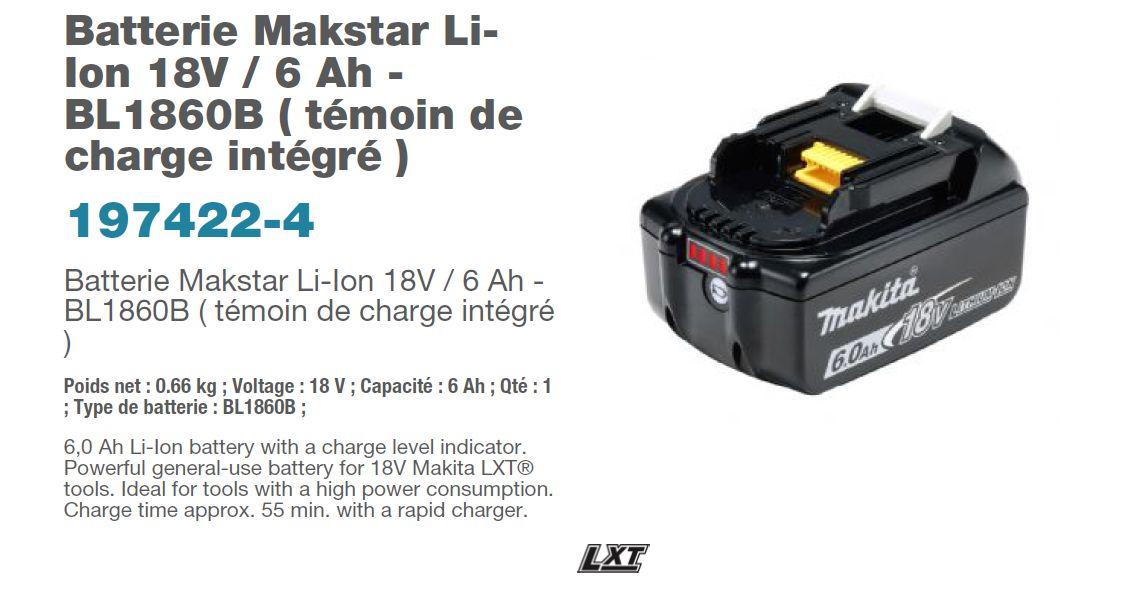 MAKITA Batterie Li-ion 18V 6Ah BL1860 B - 197422-4