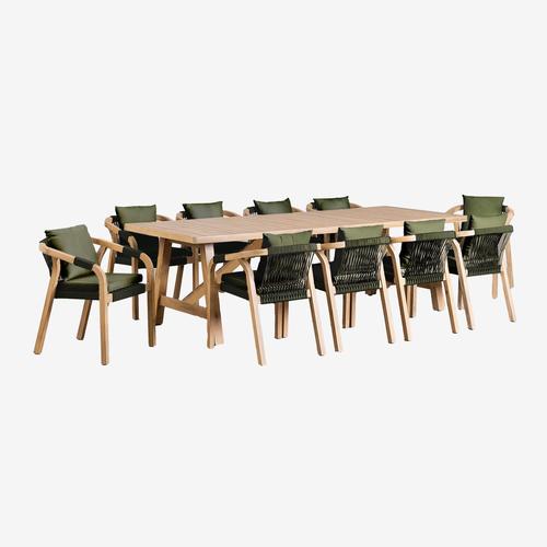 Set De Table Rectangulaire (260x100 Cm) Et 10 Chaises De Salle À Manger En Bois D'acacia Dubai Vert Militaire Clair