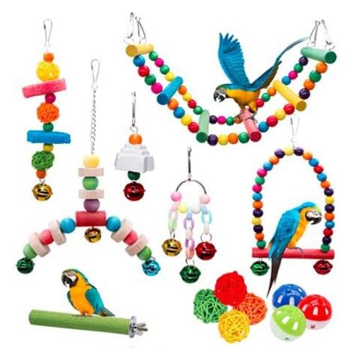 Lot De 14 Jouets Pour Oiseaux À Marcher, Balançoire, Échelle, Bois Perchoirs, Sepak Takraw, Cloches, Décoration Des Cages À Oiseaux De Petite Et Moyenne Taille, Perruche Et Perroquet
