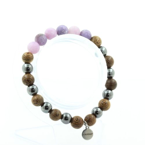 Bracelet Perles Mica Violet Mat + Hématite + Bois 8 Mm. Fabriqué En France.