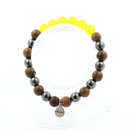 Bracelet Perles Agate Jaune + Hématite + Bois 8 Mm. Fabriqué En France.