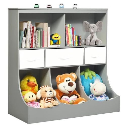 Costway Meuble De Rangement Jouet Enfant Bibliothèque Étagère Porte-Revues 5 Compartiments Avec Tiroirs&paniers, 93x40x94 Cm, Gris