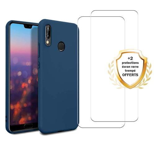 Coque Huawei P30 Lite/ P30 Lite Xl Silicone Liquide Bleue + 2 Vitres En Verre Trempé Protection Écran Evetane