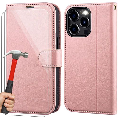 Coque Pour Iphone 15 Pro Max Avec 2 Verres Trempés, Effet Cuir Antichoc Intégral Rose - Booling