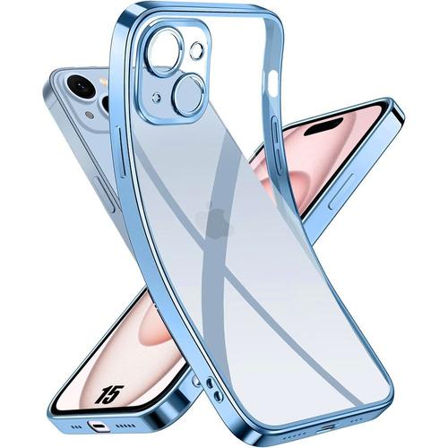 Coque Pour Iphone 15 Protection Silicone Antichoc Transparent Avec Contour Métallique Bleu - E.F.Connection