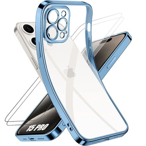 Coque Pour Iphone 15 Pro - Silicone Transparent Bleu Et 2 Verres Trempés Vitre Protection D'écran - E.F.Connection