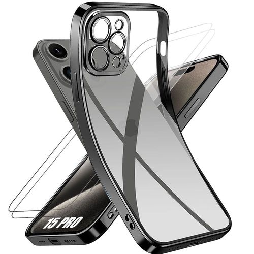 Coque Pour Iphone 15 Pro, Silicone Transparent Avec Contour Noir + 2 Verres Trempés Protection D'écran - E.F.Connection