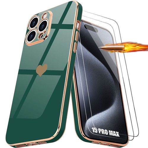 Coque Silicone Pour Iphone 15 Pro Max, Vert Nuit Anti-Rayures Avec Motif Coeur + 2 Verres Trempés - E.F.Connection