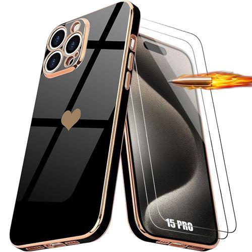 Coque Pour Iphone 15 Pro - Protection Tpu Noir Antichoc Motif Coeur Et 2 Verres Trempés Transparents - E.F.Connection