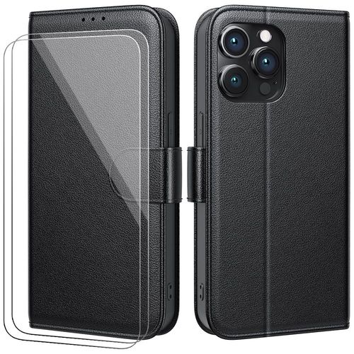 Coque Pour Iphone 15 Pro Avec 2 Verres Trempés, Coque Portefeuille Effet Cuir Antichoc Noir - E.F.Connection