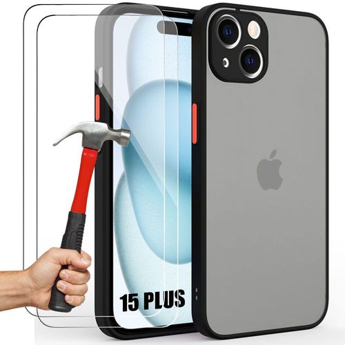 Coque Pour Iphone 15 Plus, Protection Rigide Silicone Et Pc Antichoc Noir + 2 Verres Trempés - E.F.Connection