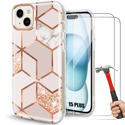 Coque + 2 Verres Trempés Pour Iphone 15 Plus, Coque Antichoc Anti-Rayures Motif Marbre Rose - E.F.Connection