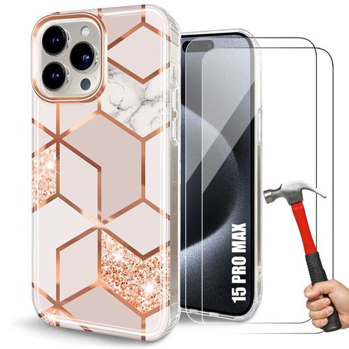 Coque Silicone Pour Iphone 15 Pro Max + 2 Verres Trempés, Motif Marbre Rose Protection Anti-Rayures - E.F.Connection