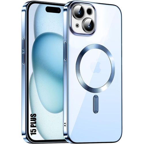 Coque Silicone Pour Iphone 15 Plus - Protection Transparente Contour Brillant Bleu Avec Cercle Magnétique - E.F.Connection