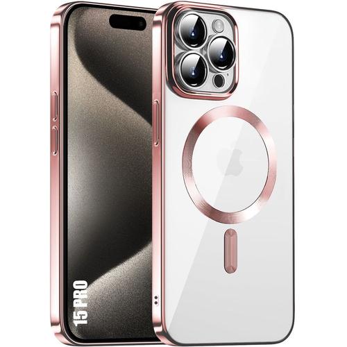 Coque Silicone Pour Iphone 15 Pro Avec Cercle Magnétique Protection Antichoc Transparent Contour Chromé Rose - E.F.Connection