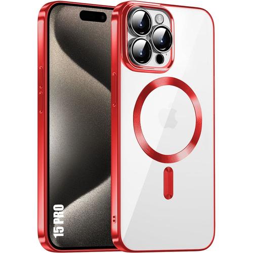 Coque Pour Iphone 15 Pro - Protection Tpu Transparent Contour Effet Métal Rouge Avec Cercle Magnétique - E.F.Connection