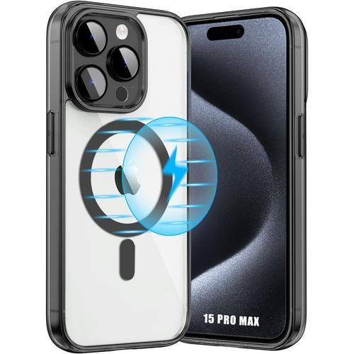 Coque Pour Iphone 15 Pro Avec Anneau Magnétique Et Protection Caméra Verre Trempé, Rigide Transparent Bordure Noir - E.F.Connection