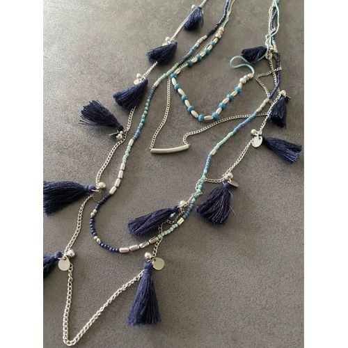Sautoir Long Trois Niveau Bleu/Argent