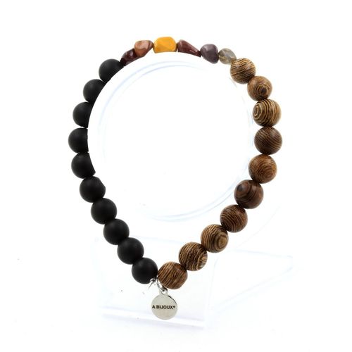 Bracelet Mookaite D'australie + Perles Onyx Noir Mat + Bois 8 Mm. Fabriqué En France.