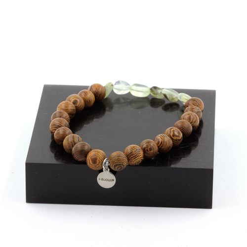 Bracelet Prehnite Du Canada + Perles Bois 8 Mm. Fabriqué En France.