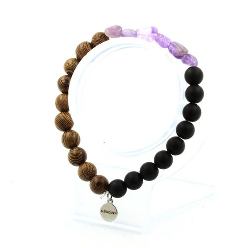 Bracelet Améthyste Du Brésil + Perles Onyx Noir Mat + Bois 8 Mm. Fabriqué En France.