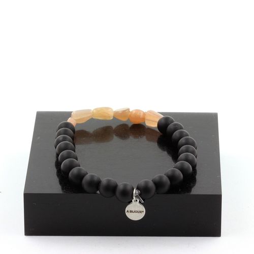 Bracelet Pierre De Soleil De Tanzanie + Perles Onyx Noir Mat 8 Mm. Fabriqué En France.