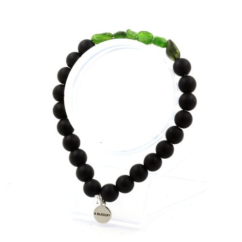 Bracelet Diopside Du Brésil + Perles Onyx Noir Mat 8 Mm. Fabriqué En France.