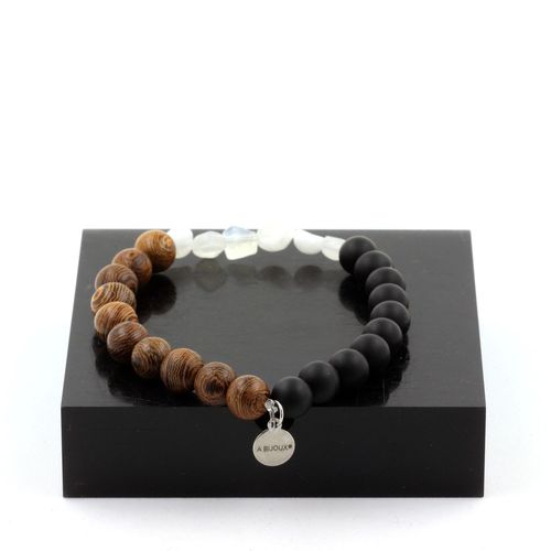 Bracelet Pierre De Lune D'inde + Perles Onyx Noir Mat + Bois 8 Mm. Fabriqué En France.