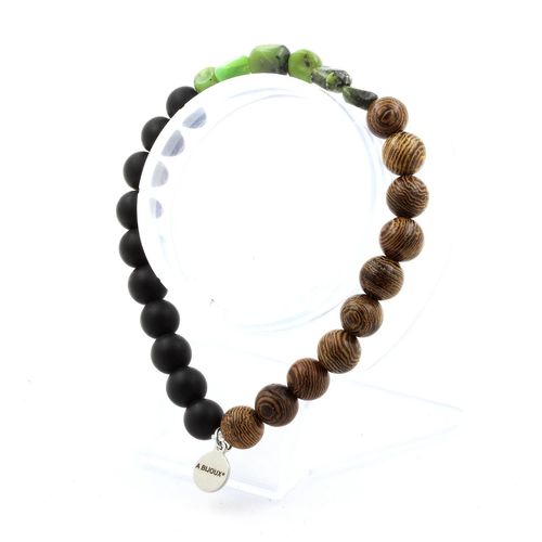 Bracelet Jade Nephrite De Xiuyan Chine + Perles Onyx Noir Mat + Bois 8 Fabriqué En France.